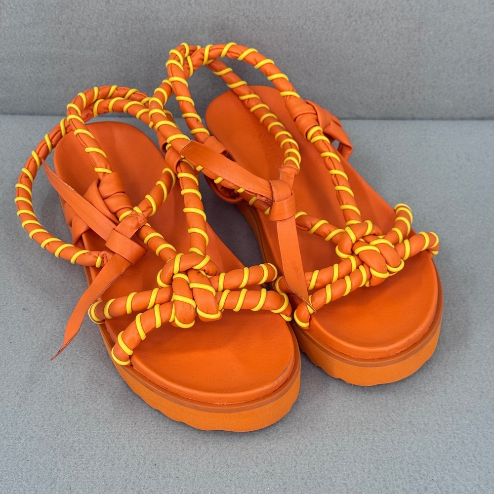 Schutz Kimy Flat Sandals Womens 9.5 Orange Yellow Braided Platform Gladiator Lug